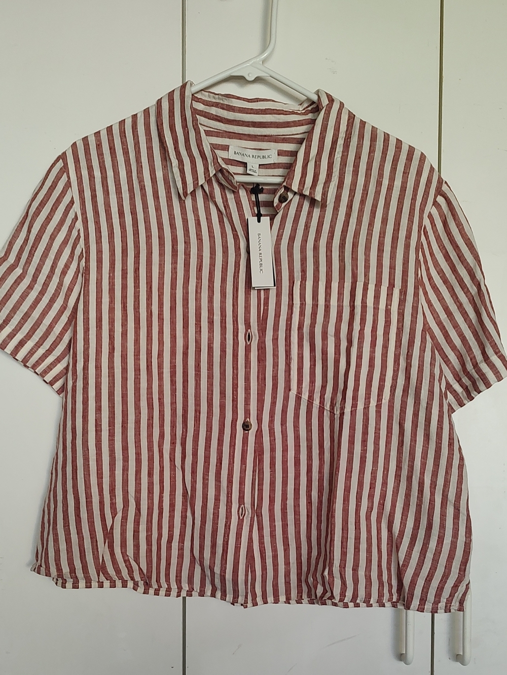 Banana Republic Women's Short-Sleeve Red & White Stripe 100% Flax Linen Shirt